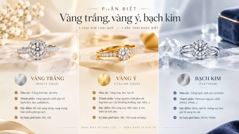 Phân biệt vàng Ý, vàng trắng và bạch kim Phân biệt vàng Ý, vàng trắng và bạch kim